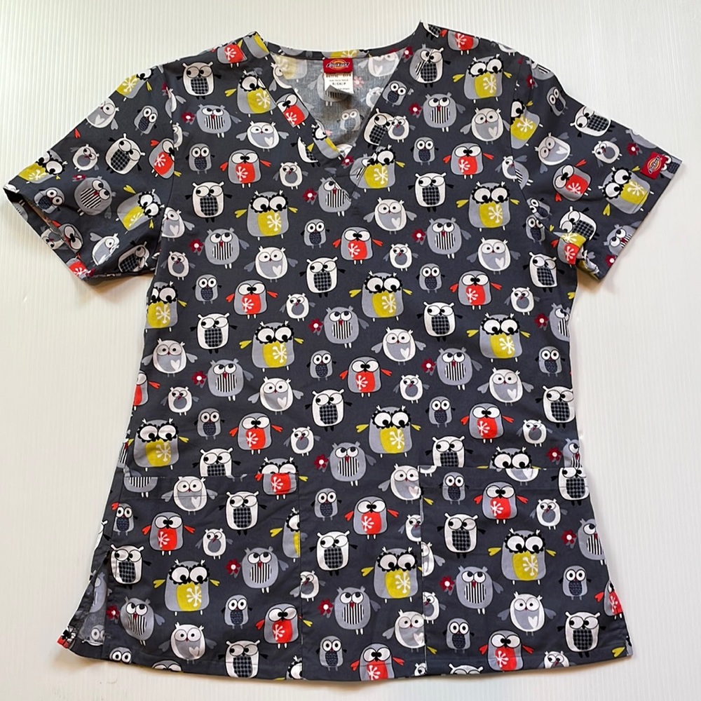 Dickies Gray, black & yellow, owl, v neck, short sleeve, scrub top.  Size small